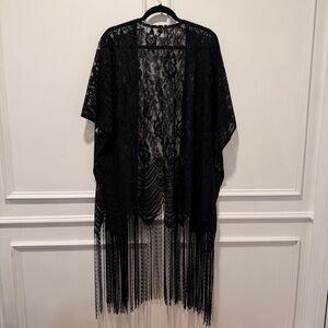 Women’s Size M Black Lace Kimono Cardigan Fringe Hem Boho Festival